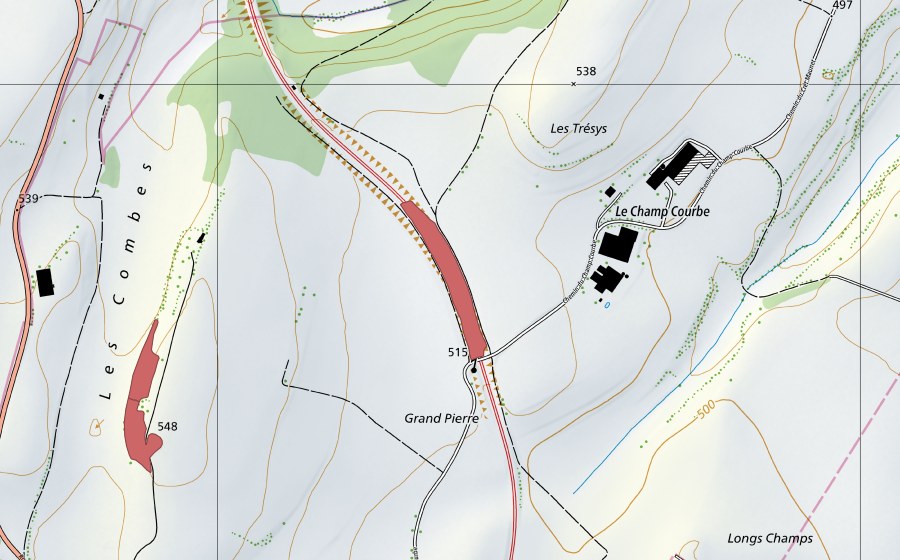 Carte nationale swisstopo avec le périmètre protégé de Champ Courbe (Prairie sèche)
