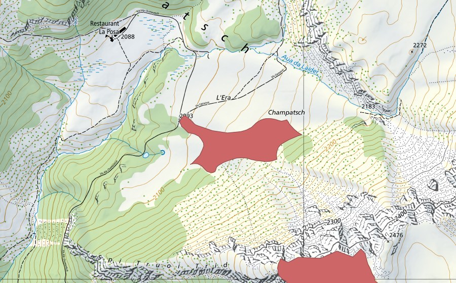 Carte nationale swisstopo avec le périmètre protégé de Champatsch (Prairie sèche)