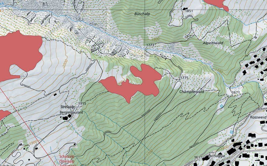 Carte nationale swisstopo avec le périmètre protégé de Chämpfenwald (Prairie sèche)
