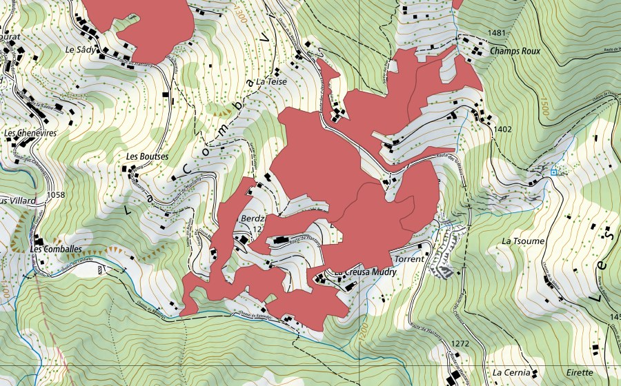 Carte nationale swisstopo avec le périmètre protégé de Champroux (Prairie sèche)