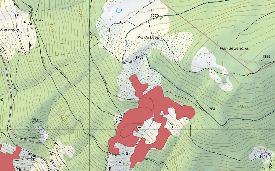 Carte nationale swisstopo avec le périmètre protégé de Champroux (Prairie sèche)