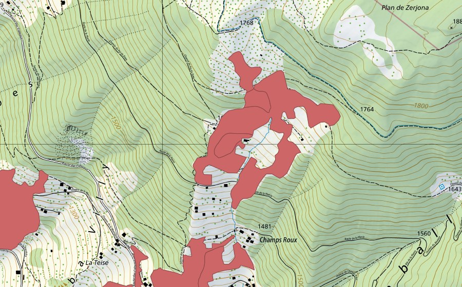 swisstopo national map showing the protected perimeter of Champroux (Dry meadow)