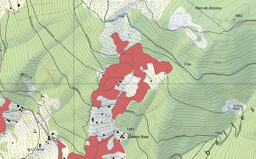 Carte nationale swisstopo avec le périmètre protégé de Champroux (Prairie sèche)