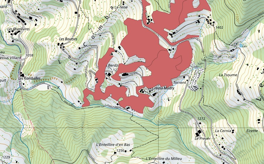 Carte nationale swisstopo avec le périmètre protégé de Champroux (Prairie sèche)