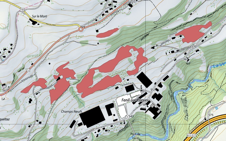 Carte nationale swisstopo avec le périmètre protégé de Champs Neufs (Prairie sèche)