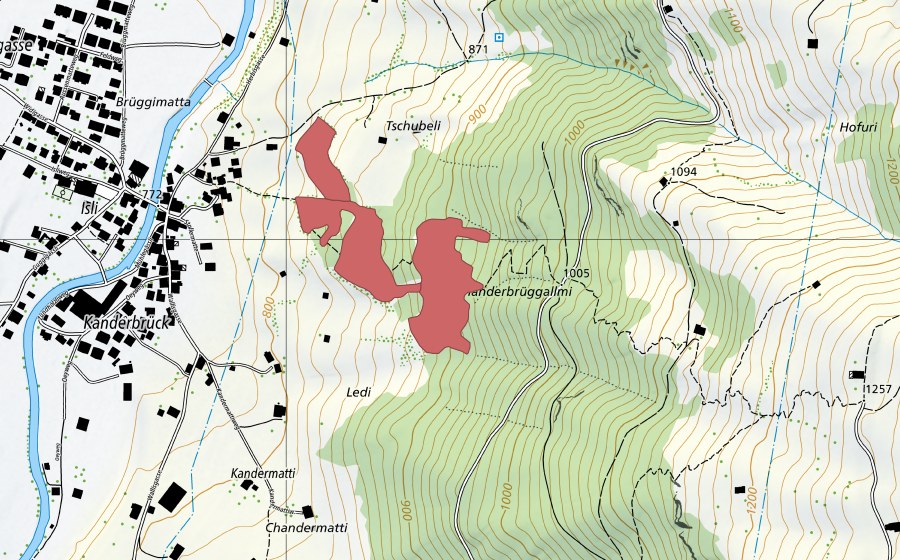 Carte nationale swisstopo avec le périmètre protégé de Chanderbrüggallmi (Prairie sèche)