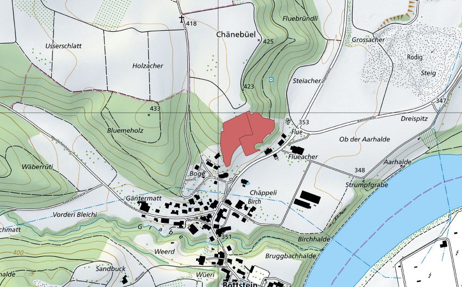 Landeskarte swisstopo mit dem Schutzperimeter von Chänebüel (Trockenwiese)
