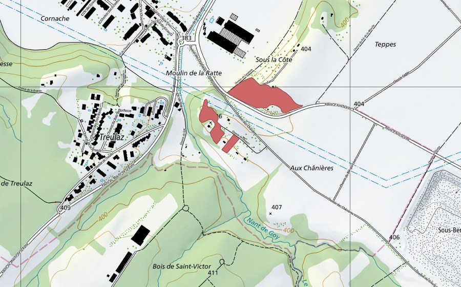 Landeskarte swisstopo mit dem Schutzperimeter von Chânières (Trockenwiese)