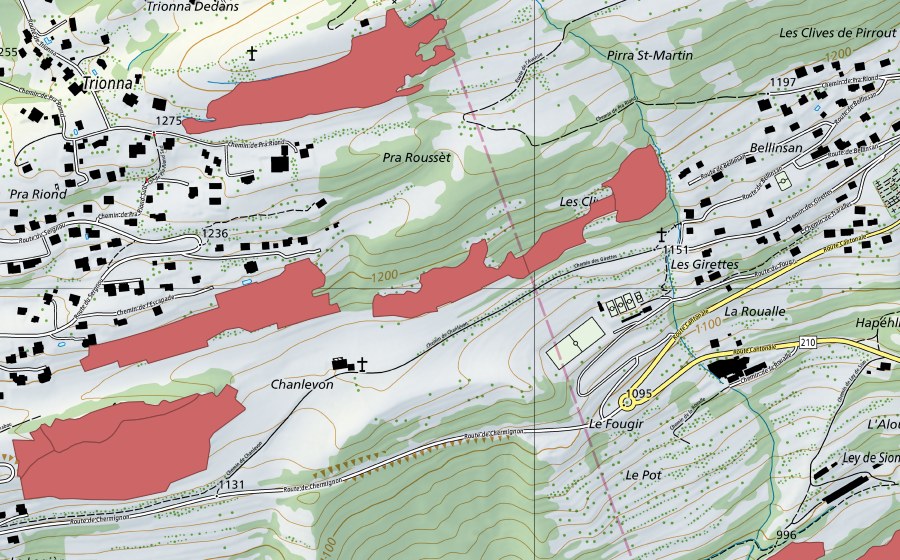 Carte nationale swisstopo avec le périmètre protégé de Chanlevon (Prairie sèche)