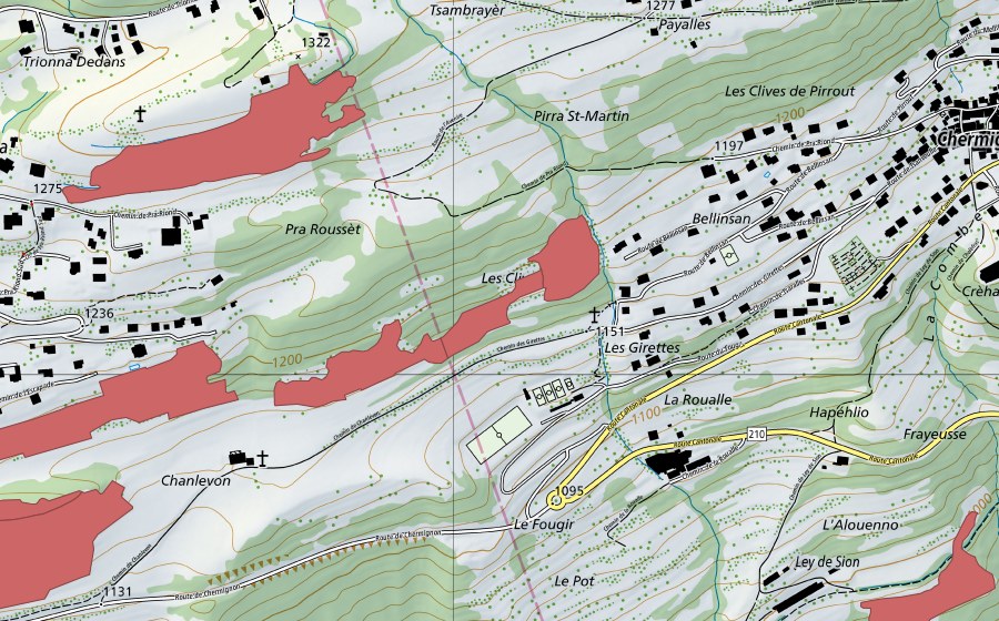 Landeskarte swisstopo mit dem Schutzperimeter von Chanlevon (Trockenwiese)