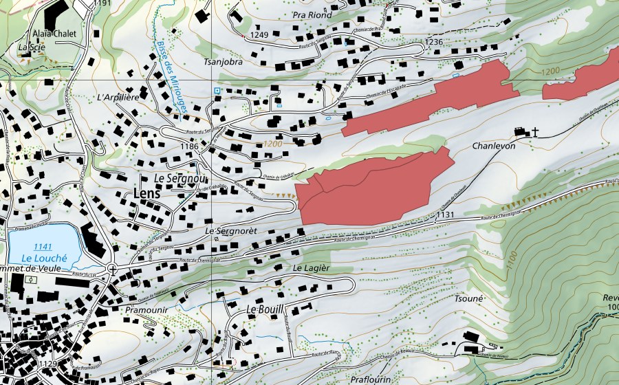 Carte nationale swisstopo avec le périmètre protégé de Chanlevon (Prairie sèche)