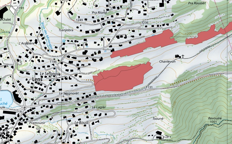Carte nationale swisstopo avec le périmètre protégé de Chanlevon (Prairie sèche)
