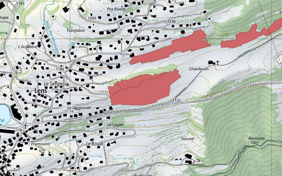 Landeskarte swisstopo mit dem Schutzperimeter von Chanlevon (Trockenwiese)