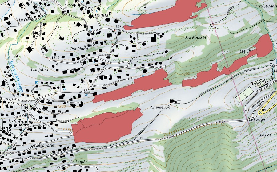 Carte nationale swisstopo avec le périmètre protégé de Chanlevon (Prairie sèche)
