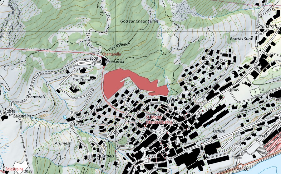 Carte nationale swisstopo avec le périmètre protégé de Chantarella (Prairie sèche)