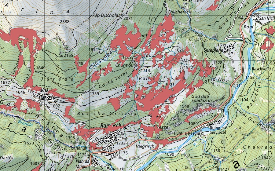 Landeskarte swisstopo mit dem Schutzperimeter von Chantata (Trockenwiese)