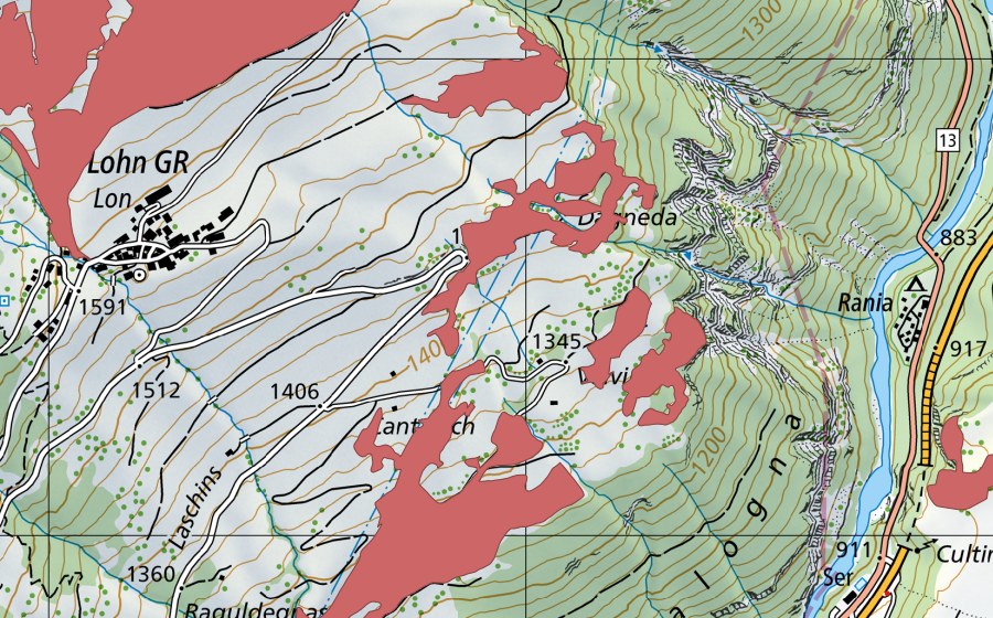 Carte nationale swisstopo avec le périmètre protégé de Chantatsch (Prairie sèche)