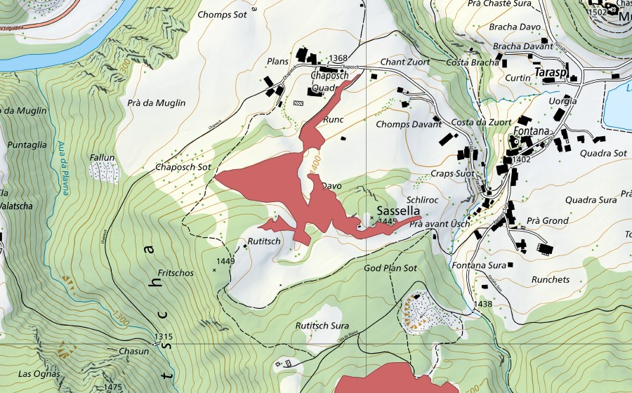 swisstopo national map showing the protected perimeter of Chaposch (Dry meadow)