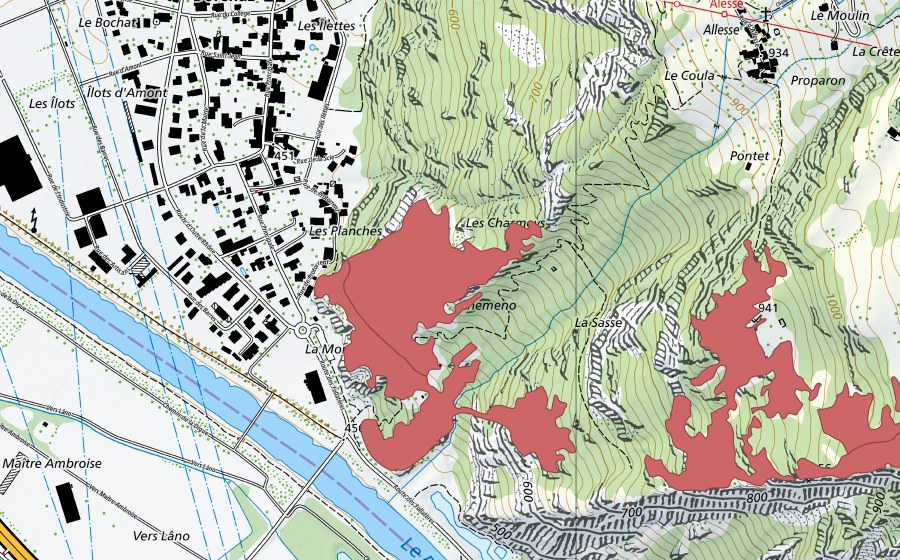 swisstopo national map showing the protected perimeter of Charmex (Dry meadow)