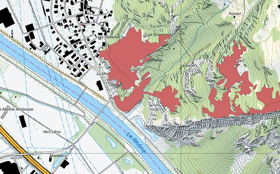 Carte nationale swisstopo avec le périmètre protégé de Charmex (Prairie sèche)