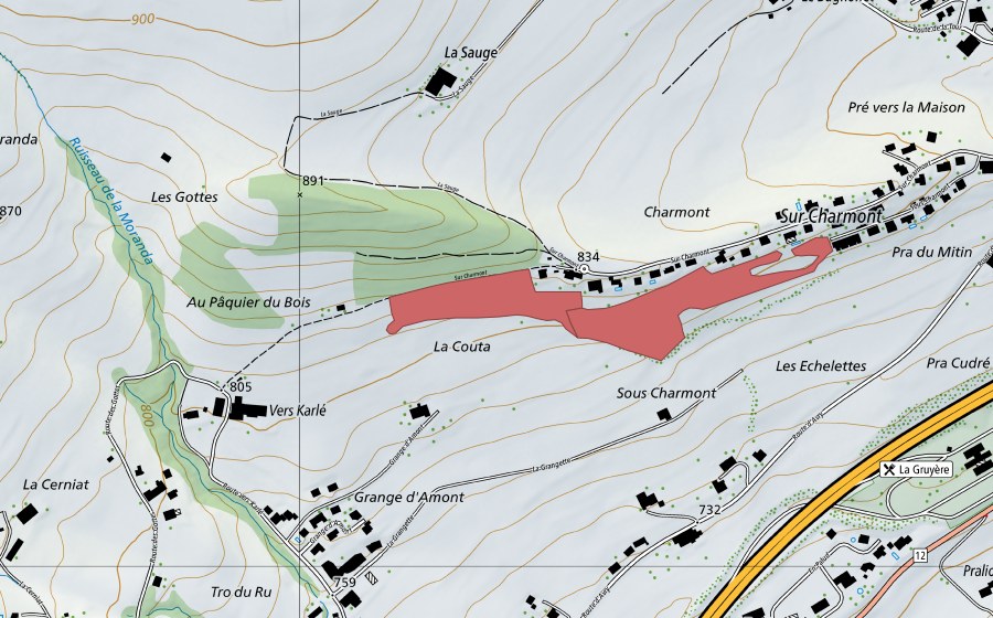 Landeskarte swisstopo mit dem Schutzperimeter von Charmont (Trockenwiese)