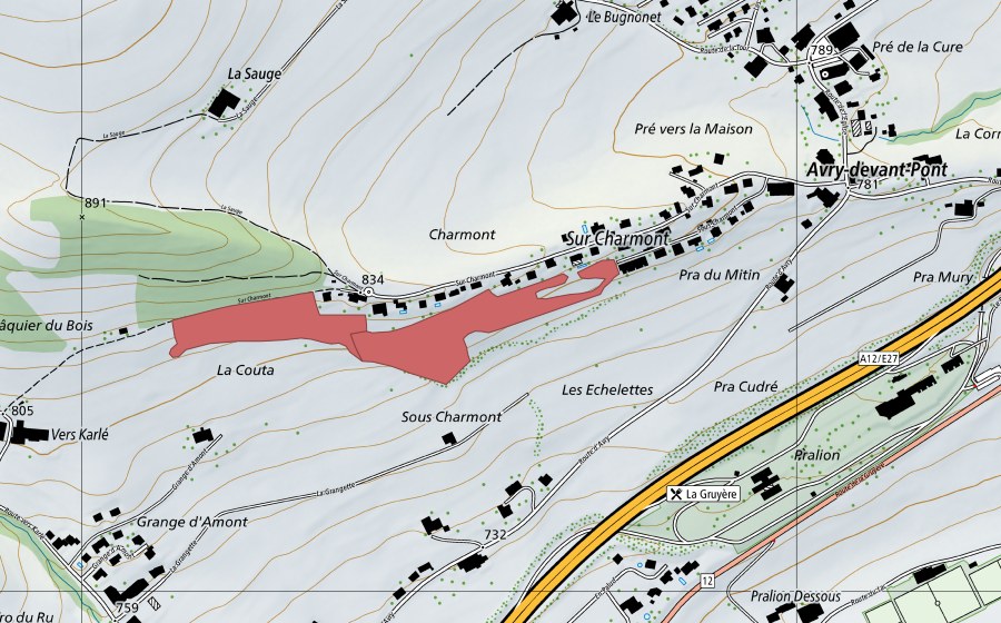 swisstopo national map showing the protected perimeter of Charmont (Dry meadow)
