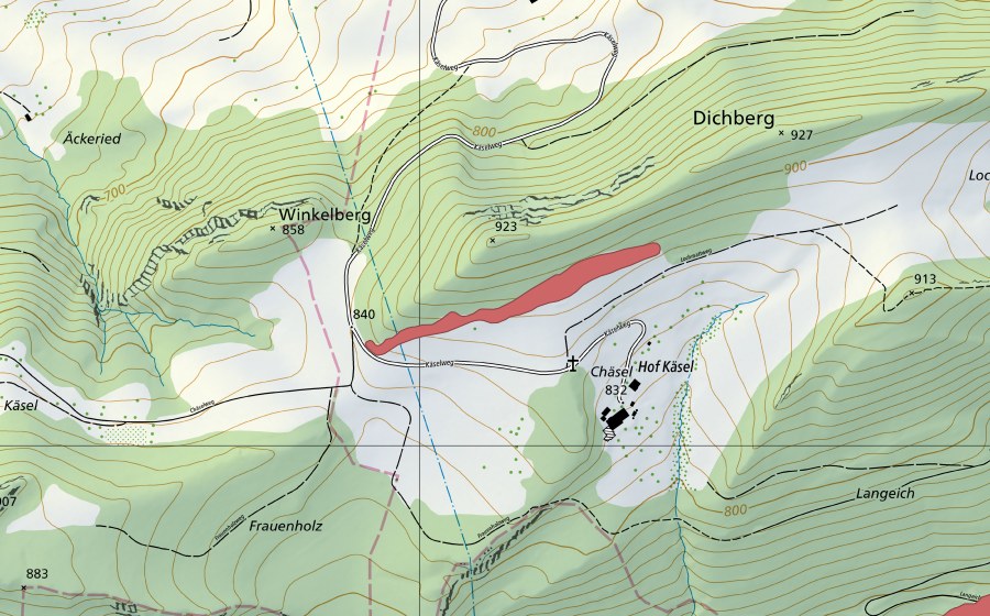 Carte nationale swisstopo avec le périmètre protégé de Chäsel (Prairie sèche)