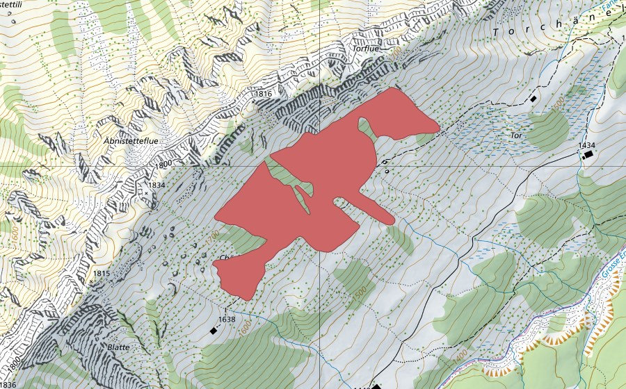 Landeskarte swisstopo mit dem Schutzperimeter von Chäslistetten (Trockenwiese)