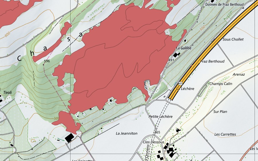 Carte nationale swisstopo avec le périmètre protégé de Chassagne (Prairie sèche)