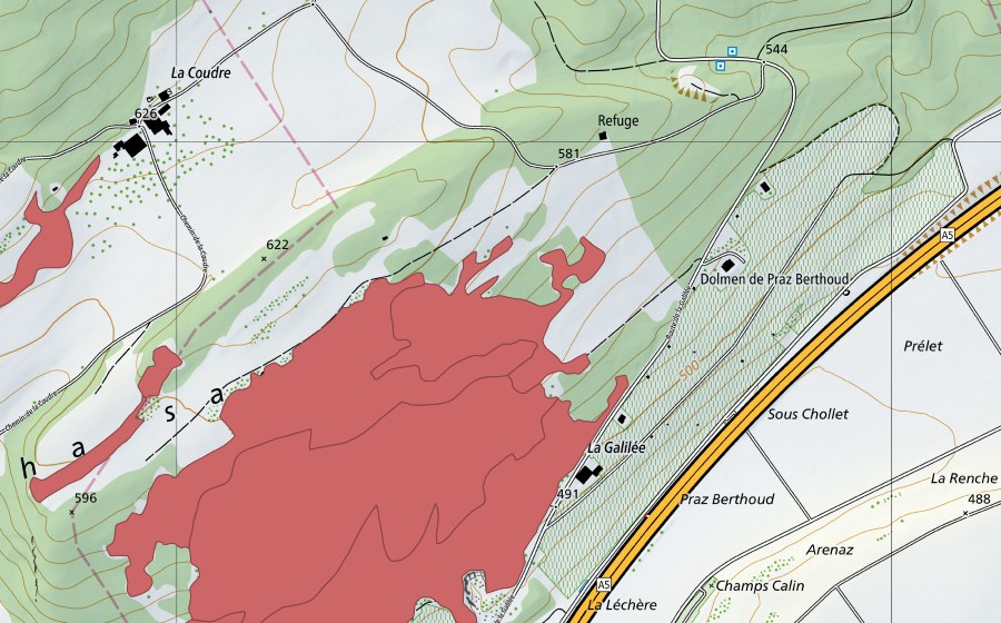Carte nationale swisstopo avec le périmètre protégé de Chassagne (Prairie sèche)