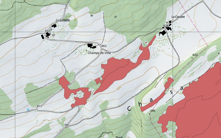 swisstopo national map showing the protected perimeter of Chassagne (Dry meadow)
