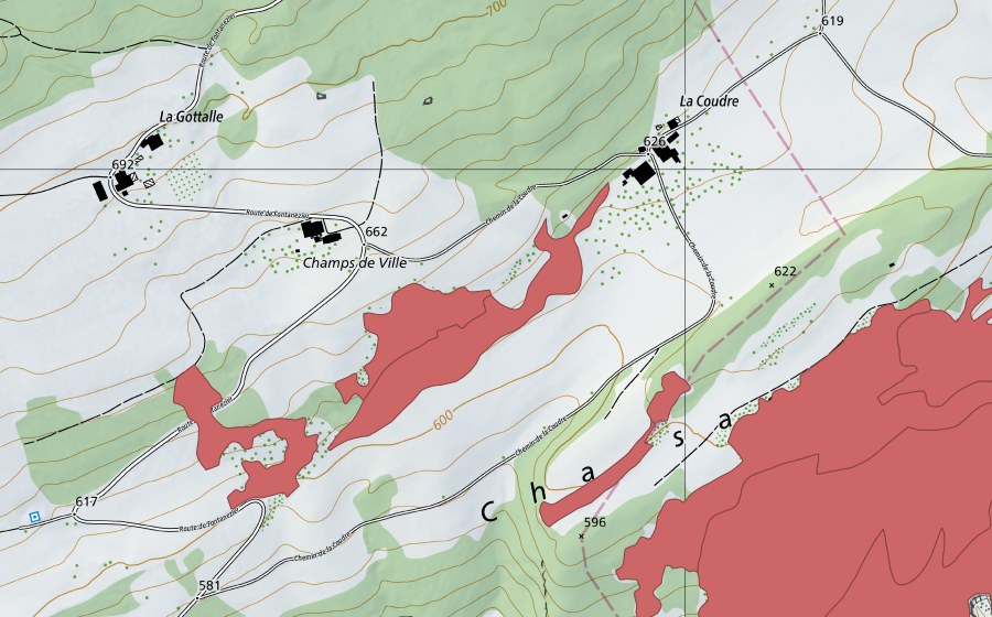 Carte nationale swisstopo avec le périmètre protégé de Chassagne (Prairie sèche)