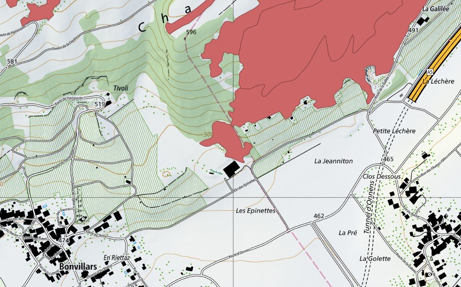 Carte nationale swisstopo avec le périmètre protégé de Chassagne (Prairie sèche)