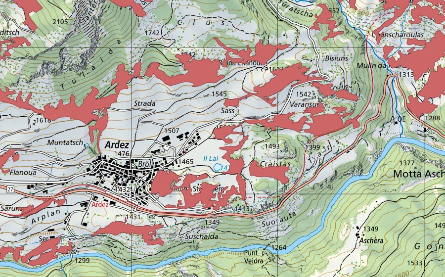 Carte nationale swisstopo avec le périmètre protégé de Chastè Steinsberg (Prairie sèche)