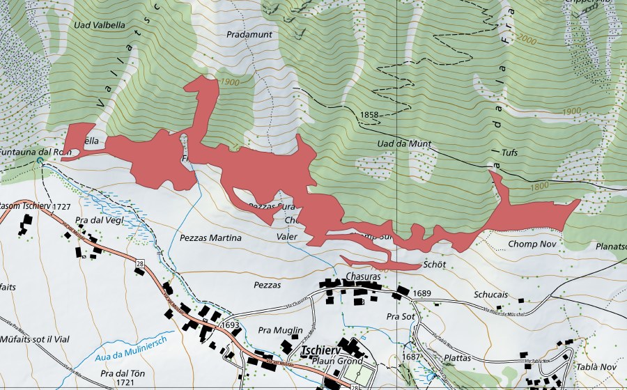 Carte nationale swisstopo avec le périmètre protégé de Chasuras (Prairie sèche)