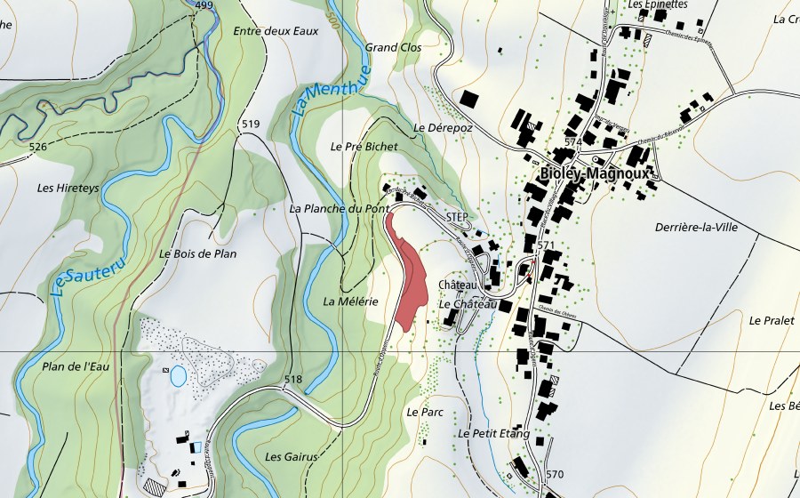 Carte nationale swisstopo avec le périmètre protégé de Chât. (Prairie sèche)