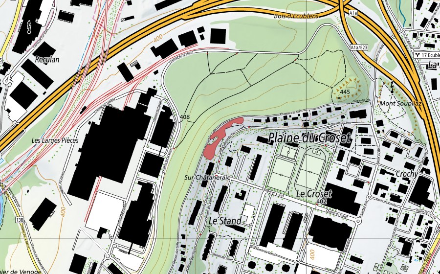 Landeskarte swisstopo mit dem Schutzperimeter von Chât. de la Motte (Trockenwiese)