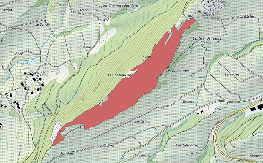 swisstopo national map showing the protected perimeter of Chât. de la Soie (Dry meadow)
