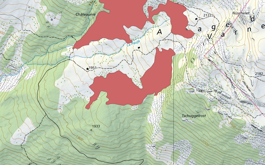 swisstopo national map showing the protected perimeter of Châteaunie (Dry meadow)