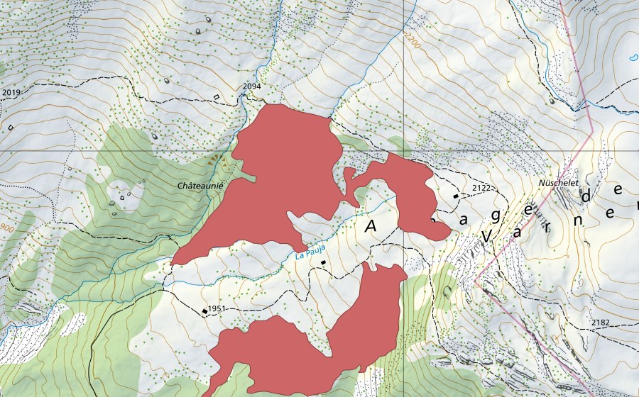 Carte nationale swisstopo avec le périmètre protégé de Châteaunie (Prairie sèche)