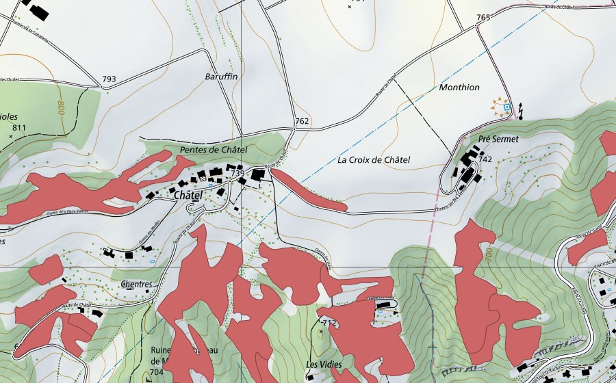 Carte nationale swisstopo avec le périmètre protégé de Châtel (Prairie sèche)
