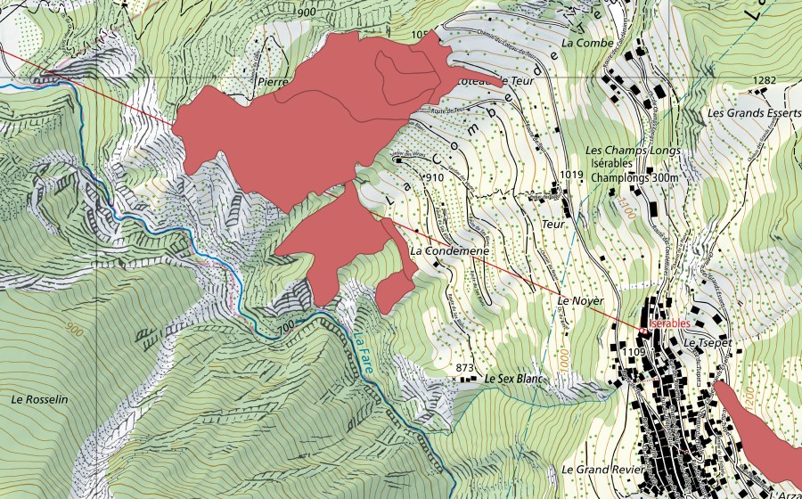 Carte nationale swisstopo avec le périmètre protégé de Châtelard (Prairie sèche)