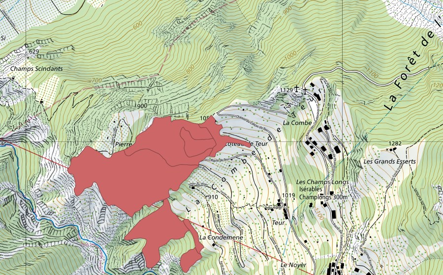 Carte nationale swisstopo avec le périmètre protégé de Châtelard (Prairie sèche)
