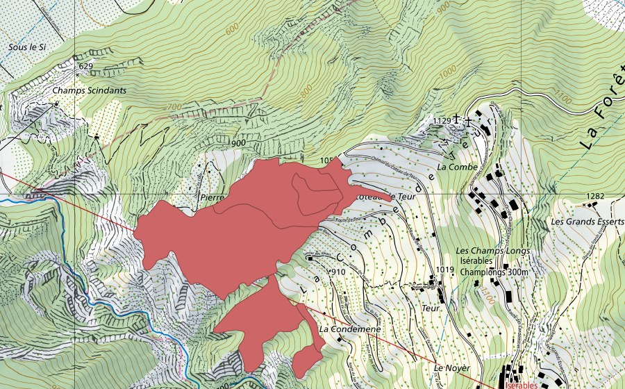 Carte nationale swisstopo avec le périmètre protégé de Châtelard (Prairie sèche)