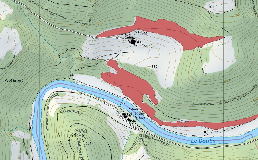 Landeskarte swisstopo mit dem Schutzperimeter von Châtillon (Trockenwiese)