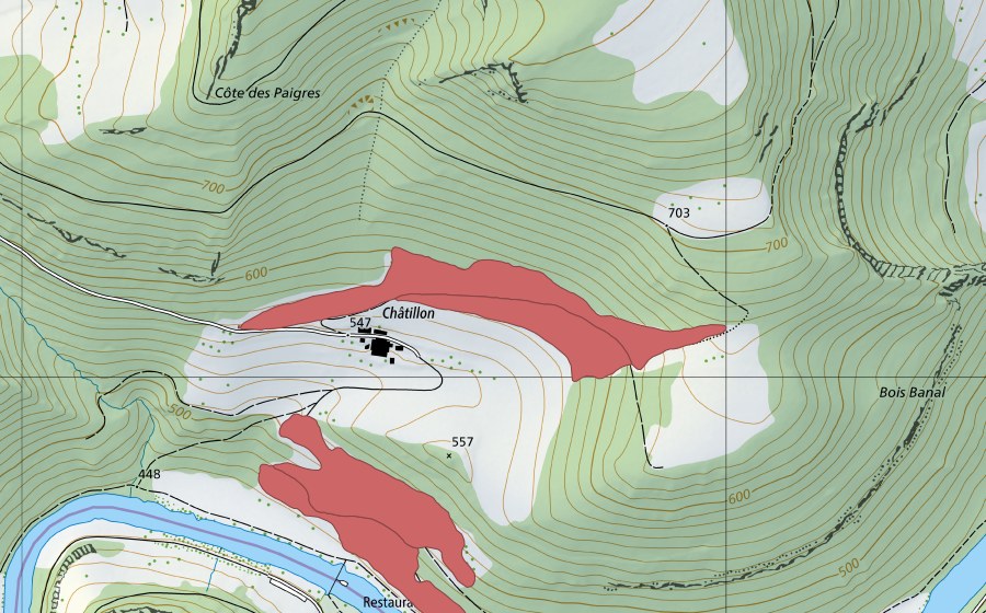 Carte nationale swisstopo avec le périmètre protégé de Châtillon (Prairie sèche)