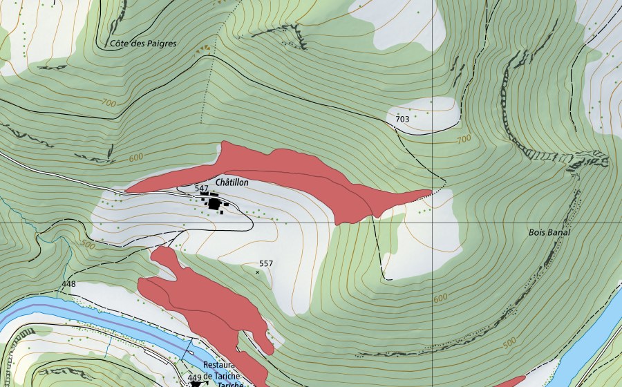Carte nationale swisstopo avec le périmètre protégé de Châtillon (Prairie sèche)