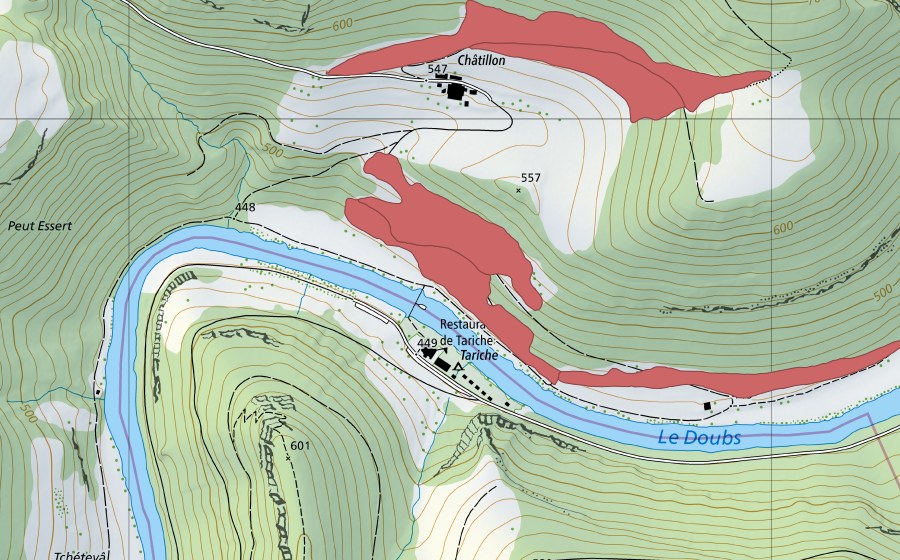 Carte nationale swisstopo avec le périmètre protégé de Châtillon (Prairie sèche)