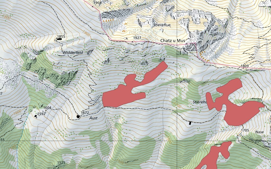 Landeskarte swisstopo mit dem Schutzperimeter von Chatz u Mus (Trockenwiese)
