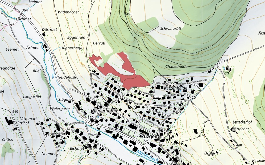 swisstopo national map showing the protected perimeter of Chatzehalde (Dry meadow)